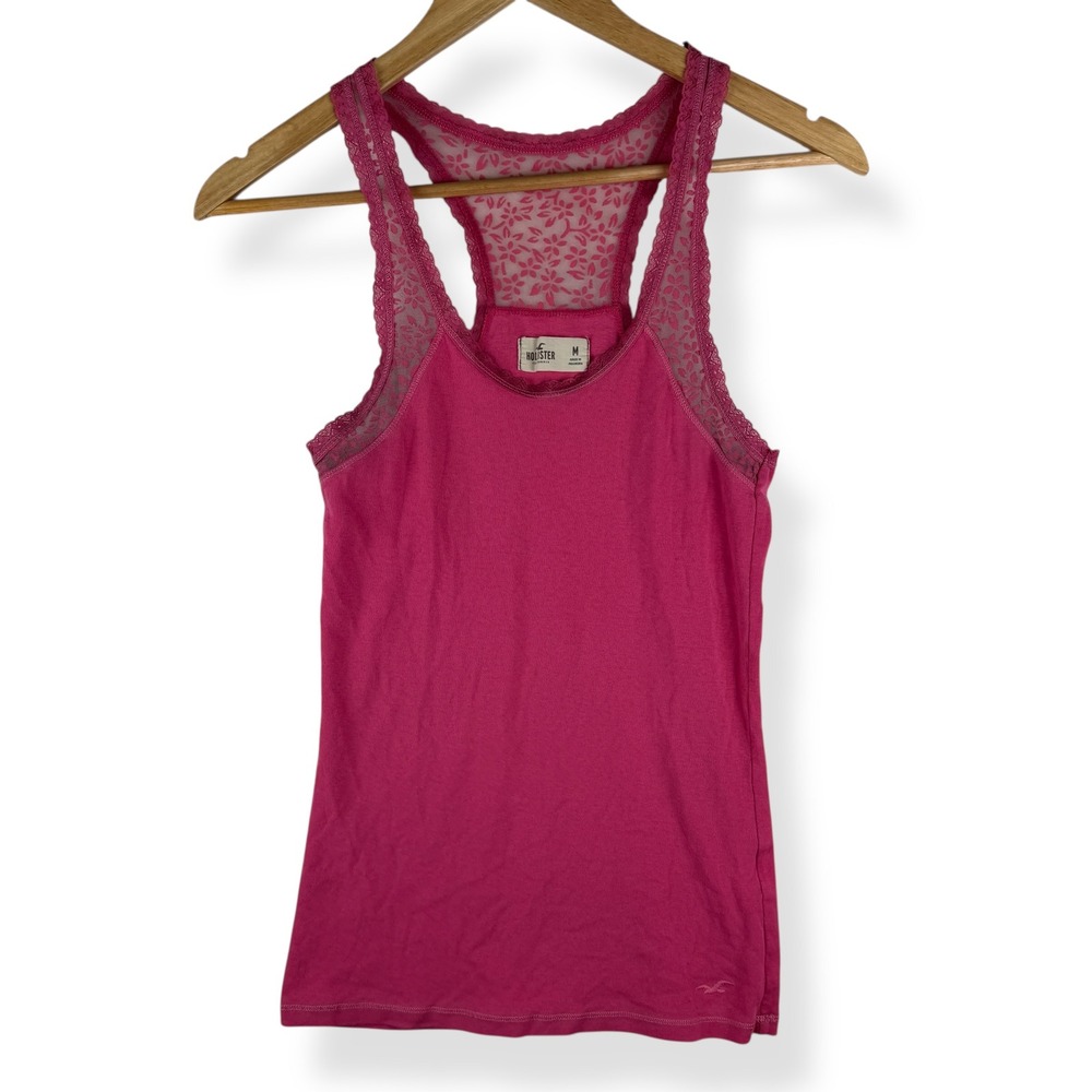 Hollister Tank Top Womens Size Medium Hot Pink Lace Skater Y2K Coquette Feminine